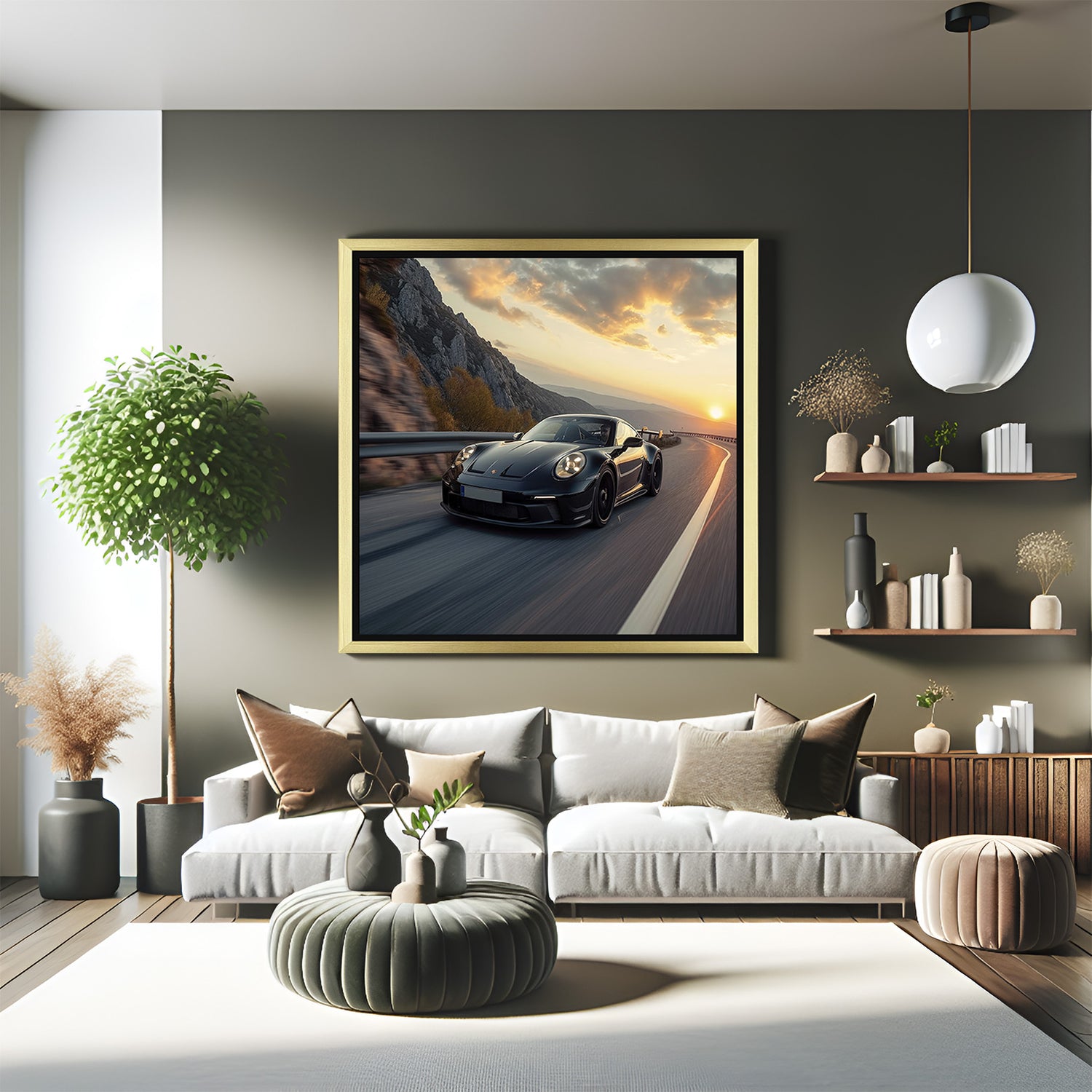 Golden framed black car canvas artwork with motion effect, great for car-inspired interiors and high-style home or office walls