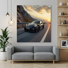 Canvas wall art of a black sports car in motion, perfect for modern rooms, car-themed spaces, or sleek automotive interiors