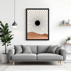 Abstract desert-inspired black sun wall art with black floater frame in earthy boho style