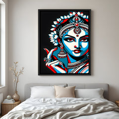 Traditional lady Kalamkari wall painting in elegant black floater frame with dark artistic theme