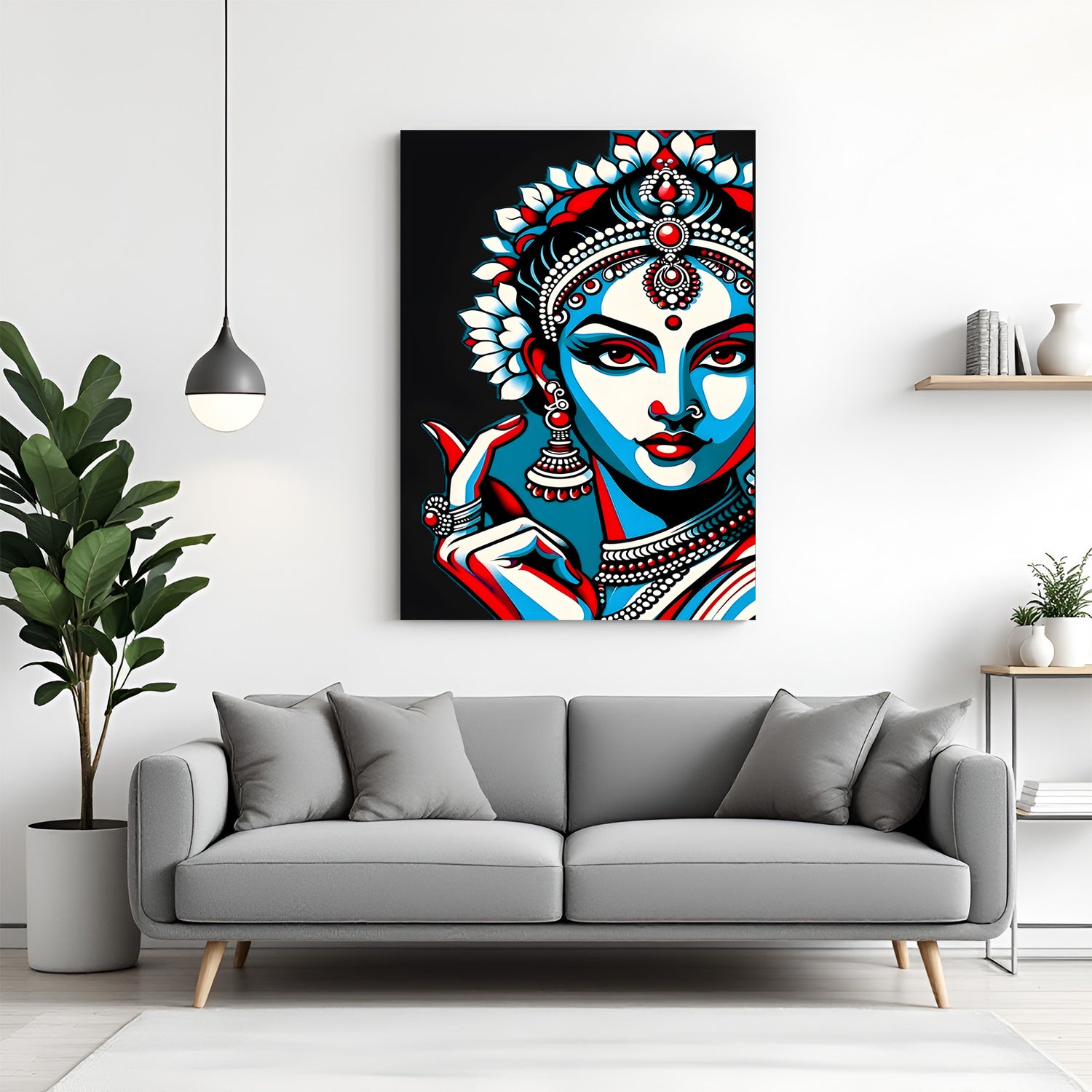 Black theme traditional lady Kalamkari canvas wall art in premium canvas wrapped frame with intricate ethnic detailing