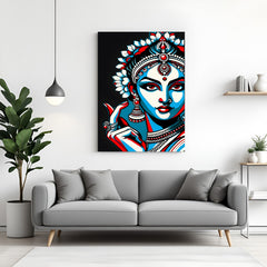 Black theme traditional lady Kalamkari canvas wall art in premium canvas wrapped frame with intricate ethnic detailing