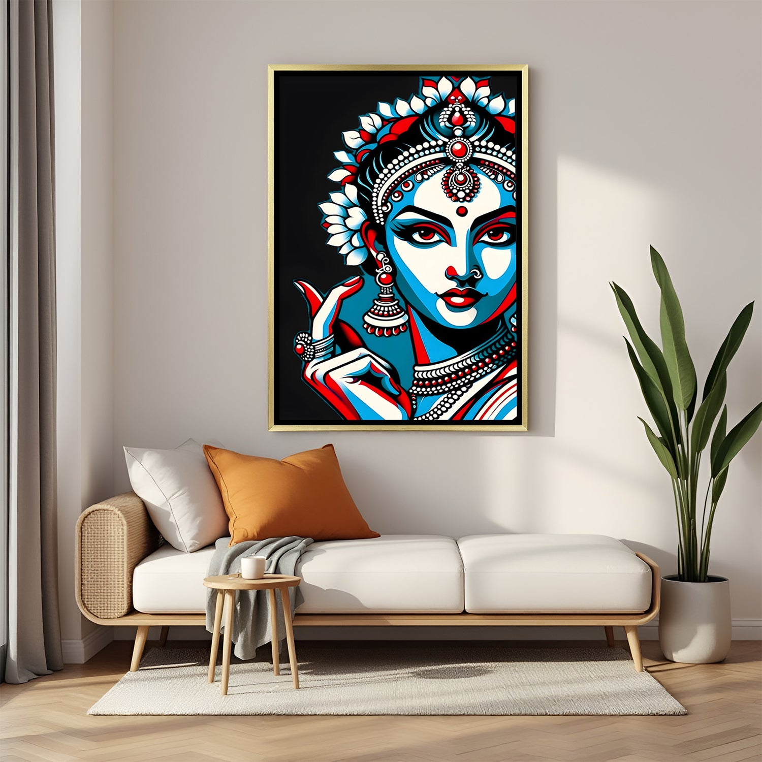 Luxury black theme traditional lady Kalamkari artwork in golden floater frame with handcrafted Indian design