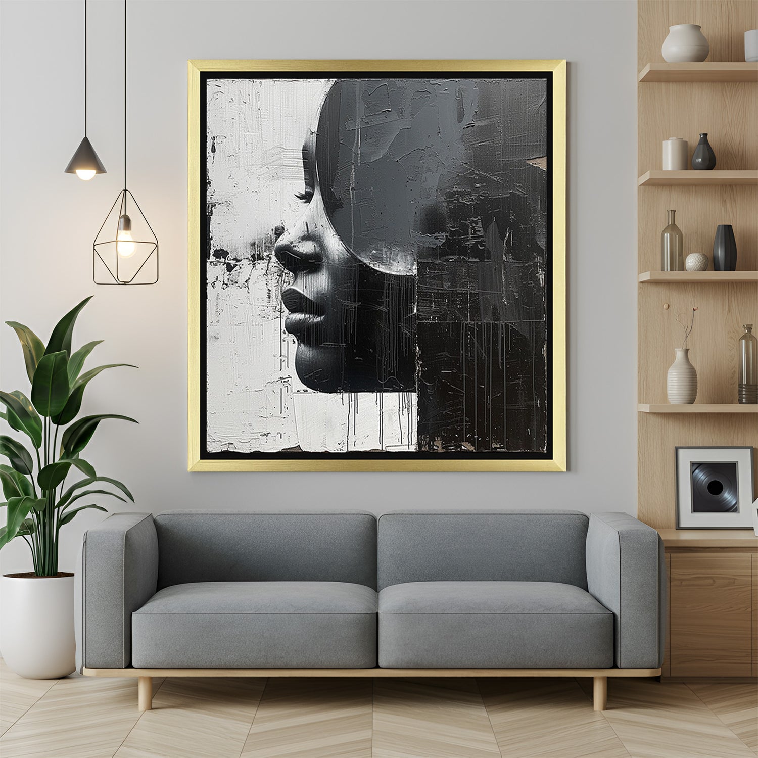 Golden frame black & white abstract canvas – female face side view covered with black circle in artistic splash style