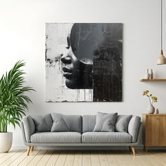 Black and white female face abstract wall art – side portrait with black circle in modern splashed paint style