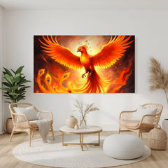 Large panoramic fiery phoenix wall art with glowing orange wings rising from flames.