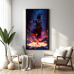 Krishna flute artwork on glowing lotus mandala in elegant black floater frame spiritual canvas decor