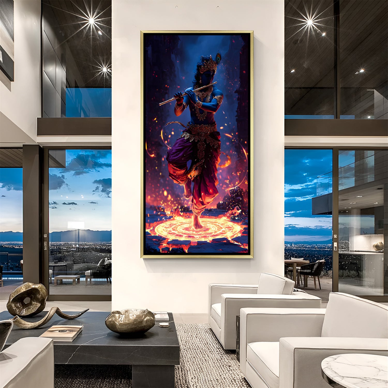Divine Lord Krishna lotus mandala flute painting in luxurious golden floater frame fiery spiritual art