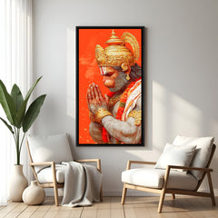 Hanuman Ji side profile wall painting with divine blessing gesture in modern black floater frame