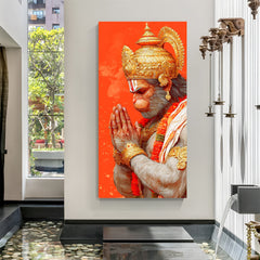Lord Hanuman side pose canvas wall art with blessing hand gesture in premium canvas wrapped frame
