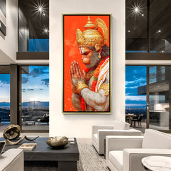 Blessed Guardian Hanuman artwork in luxury golden floater frame featuring sacred hand gesture