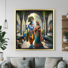 Blessed Radha Krishna painting with golden floater frame for living room Vastu wall decor