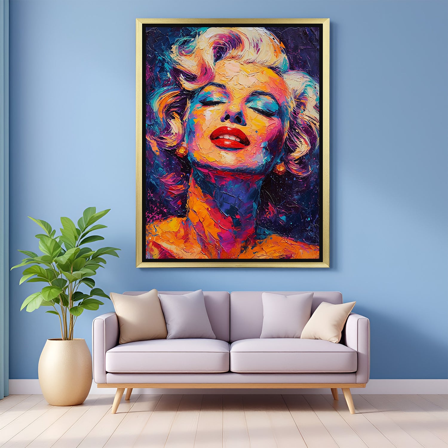 Modern abstract painting of blonde woman in golden floater frame, perfect for wall art