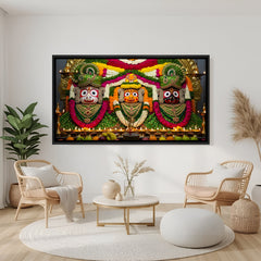 Floral Lord Jagannath artwork with colorful devotional decorations in elegant black floater frame