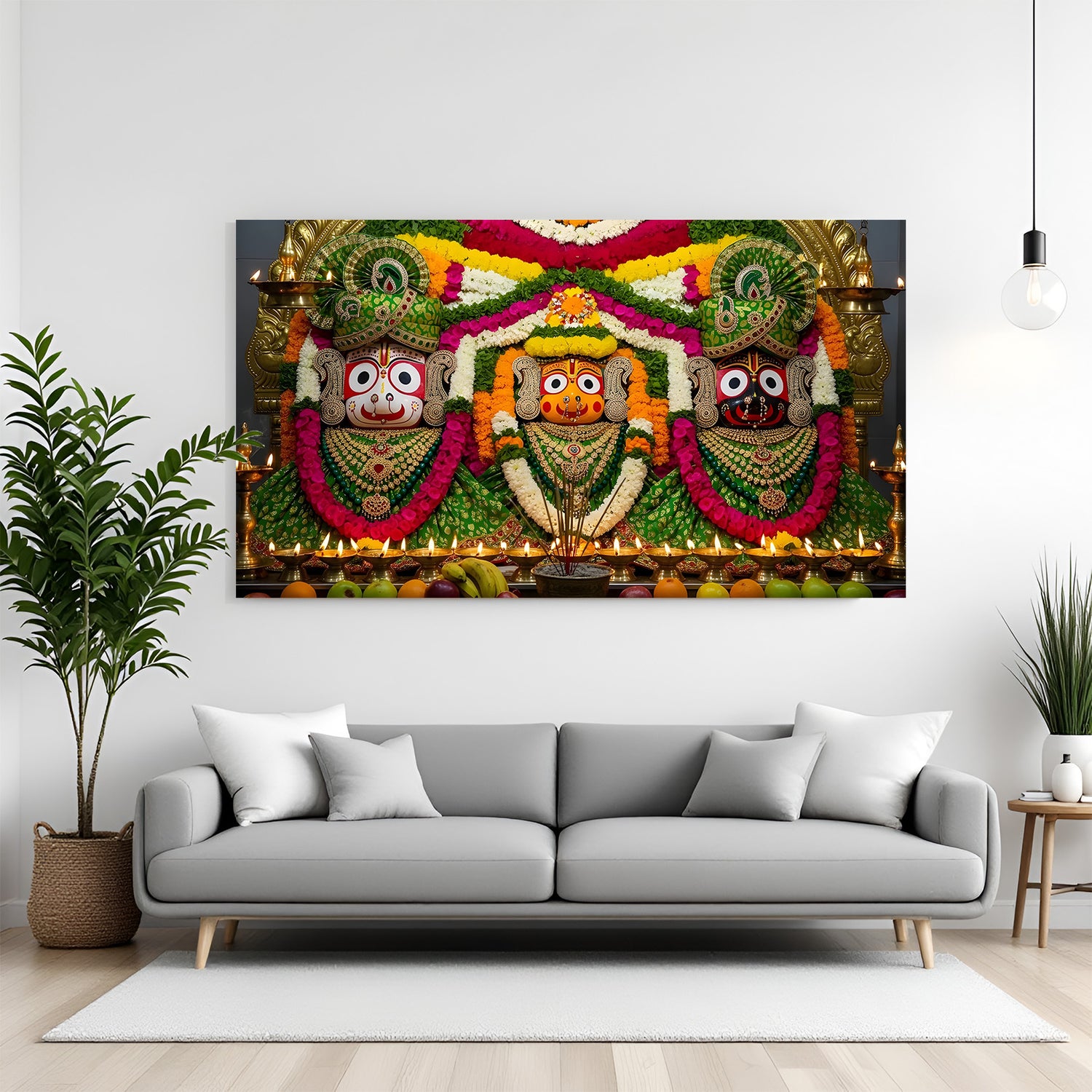 Lord Jagannath adorned with vibrant floral decorations in premium canvas wrapped frame