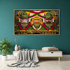 Blooming Devotion Jagannath artwork in luxury golden floater frame featuring sacred floral adornments