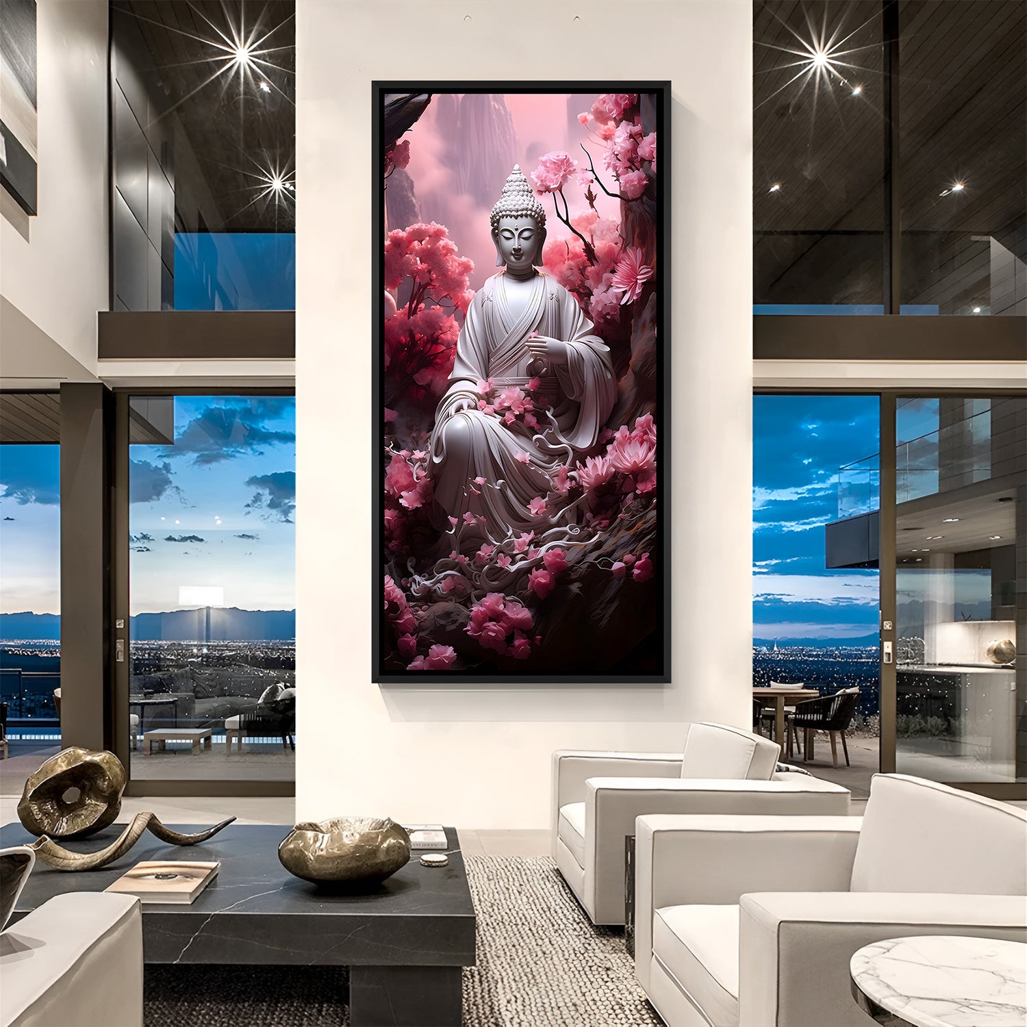 Elegant Buddha floral artwork in black frame with pink blossom details.