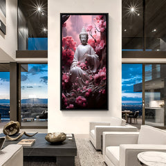 Elegant Buddha floral artwork in black frame with pink blossom details.