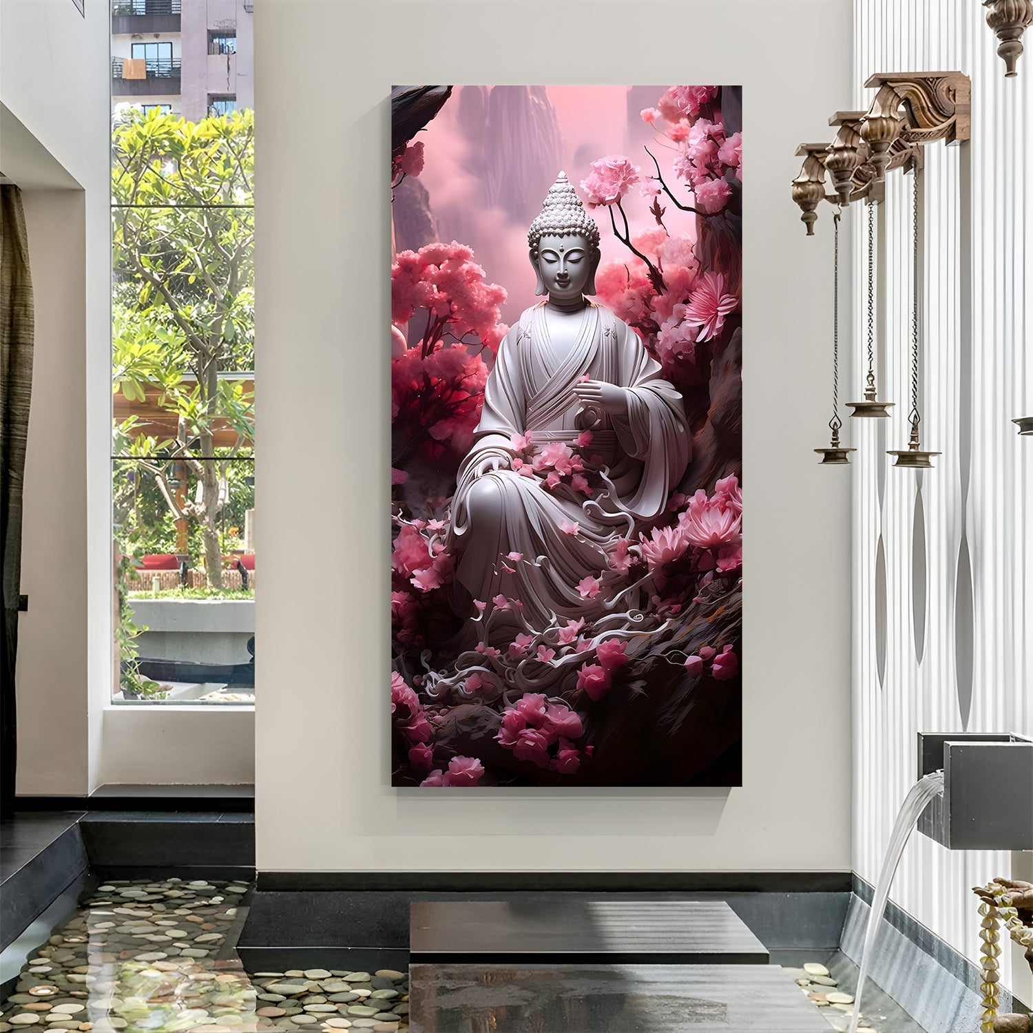 Vertical Buddha meditation wall art surrounded by soft pink blossoms.