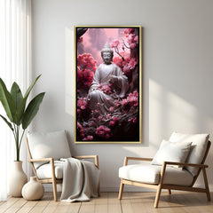 Serene Buddha with cherry blossom style flowers in white frame.