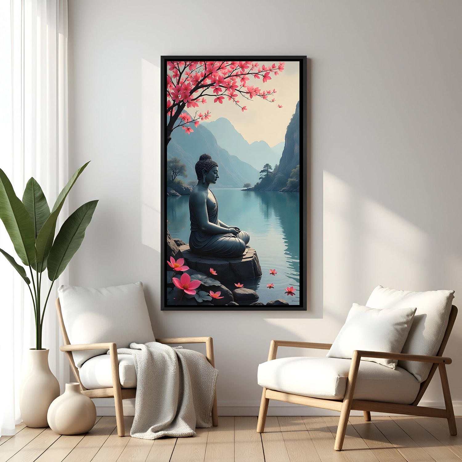 Blossom River Buddha spiritual canvas artwork in premium black floater frame