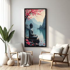 Blossom River Buddha spiritual canvas artwork in premium black floater frame