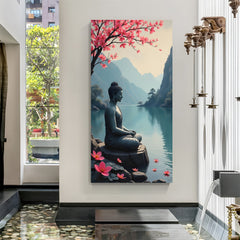 Blossom River Buddha canvas painting with scenic spiritual artwork in canvas wrapped frame