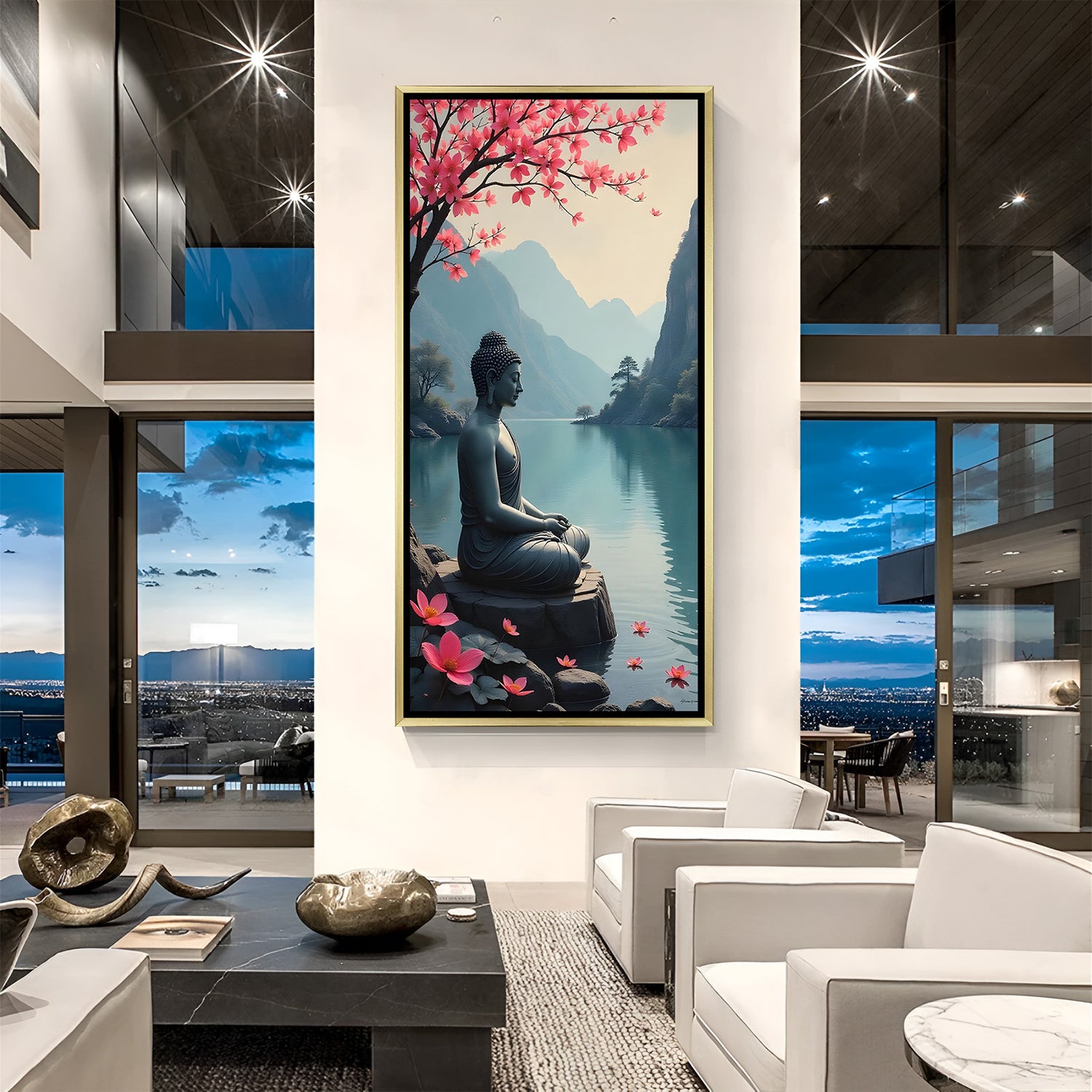 Blossom River Buddha wall art in luxury golden floater frame with scenic meditation design