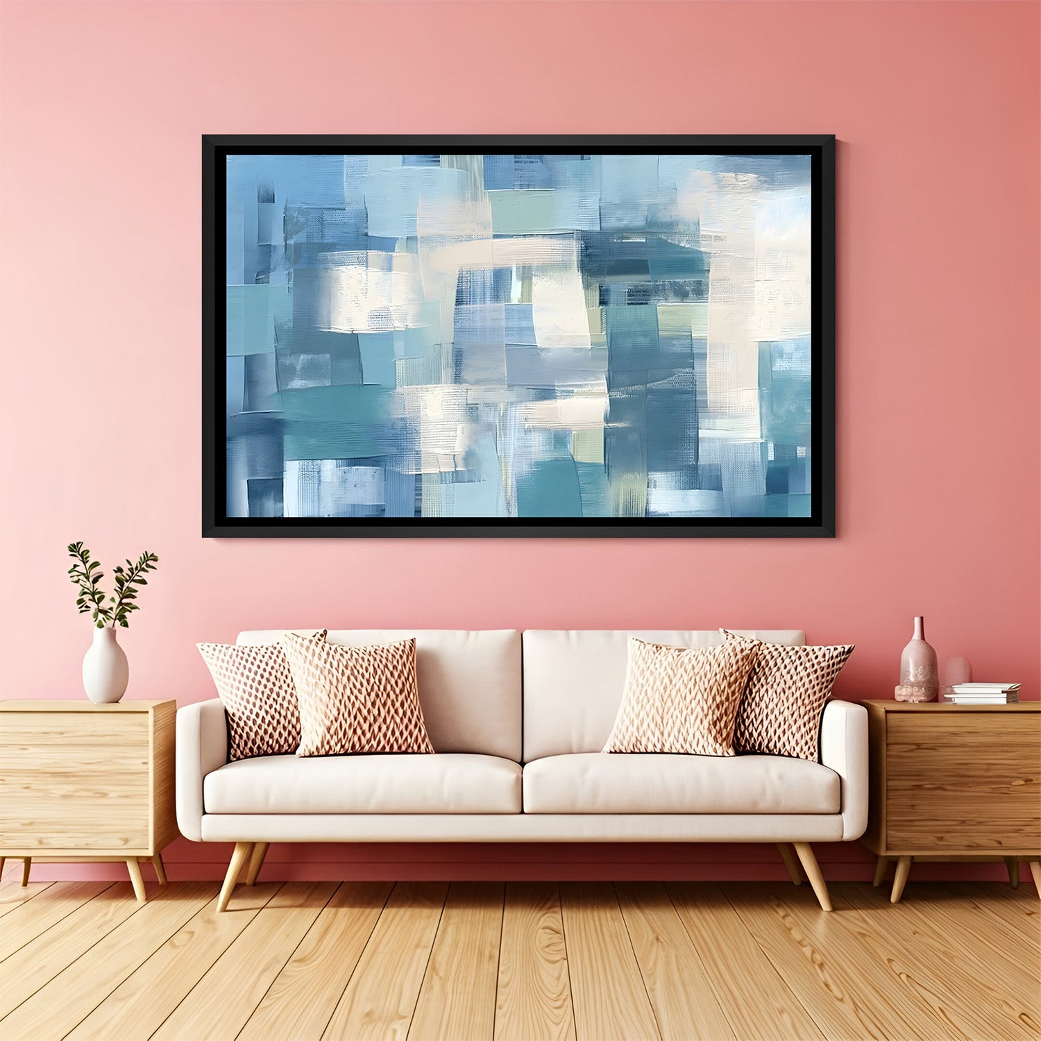 Modern blue abstract painting with geometric texture in black frame for contemporary decor
