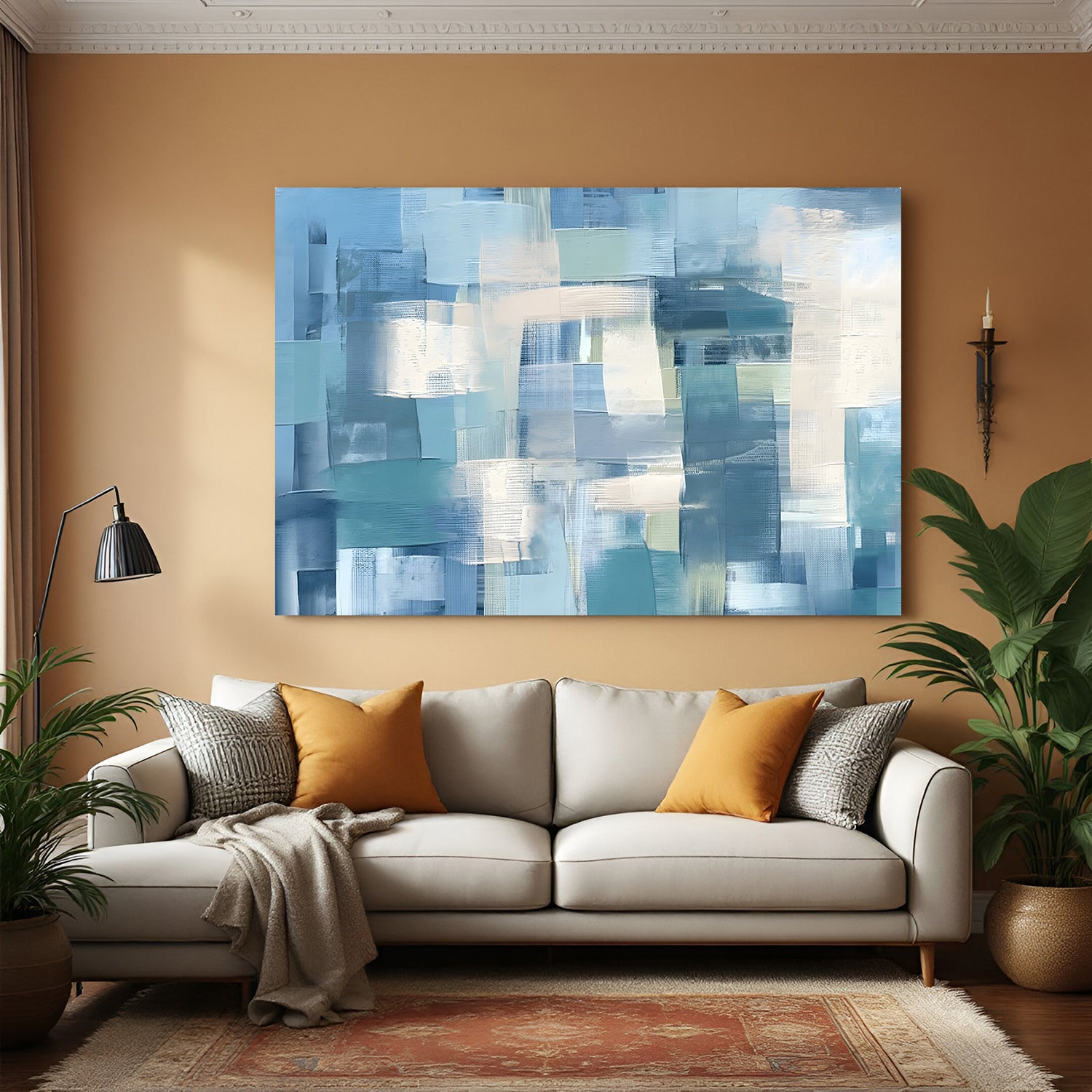 Blue abstract textured canvas wall art with layered brush strokes in modern living room
