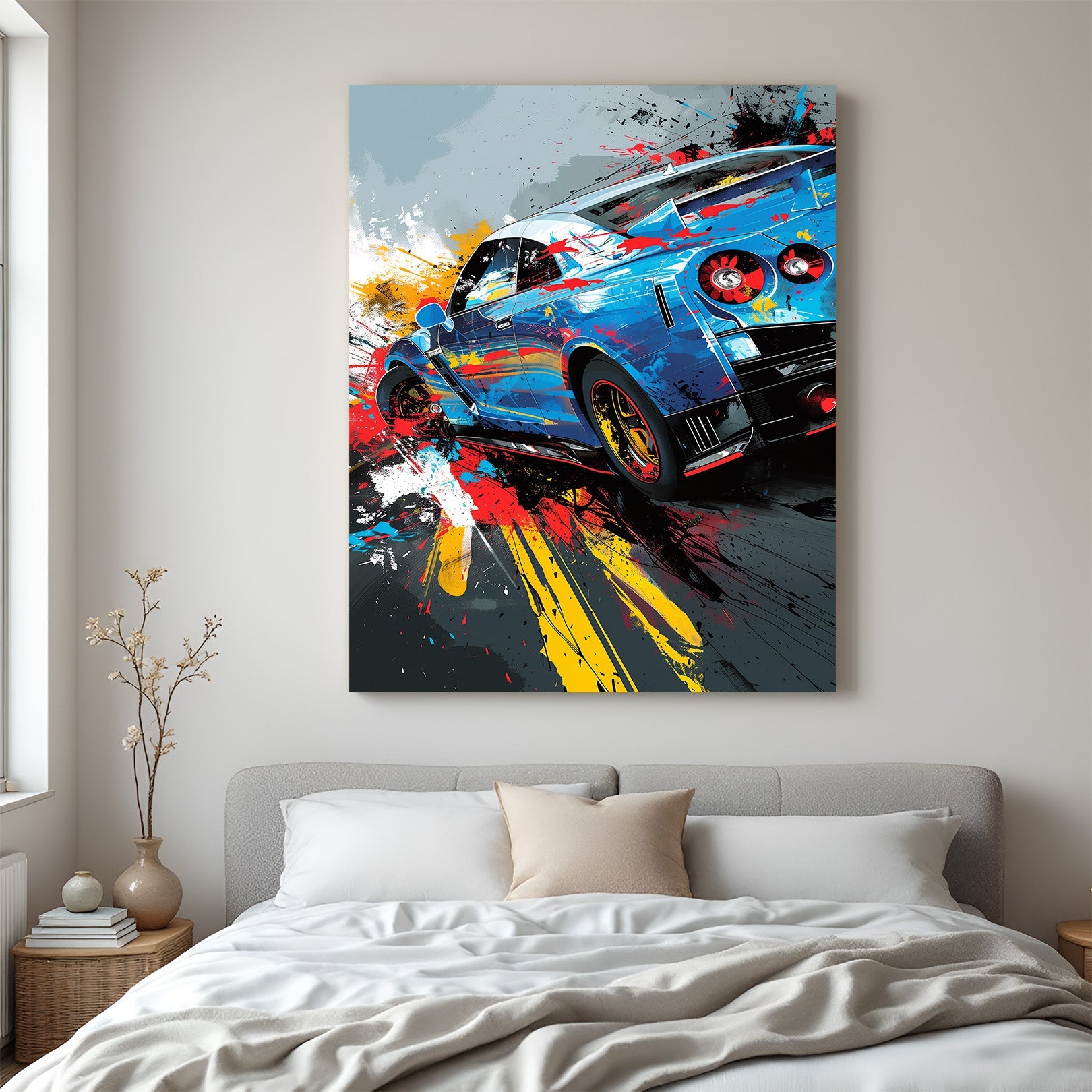 Blue Car Paint Splash Wall Art – Vibrant Sports Car Canvas – CIPHER SPACES