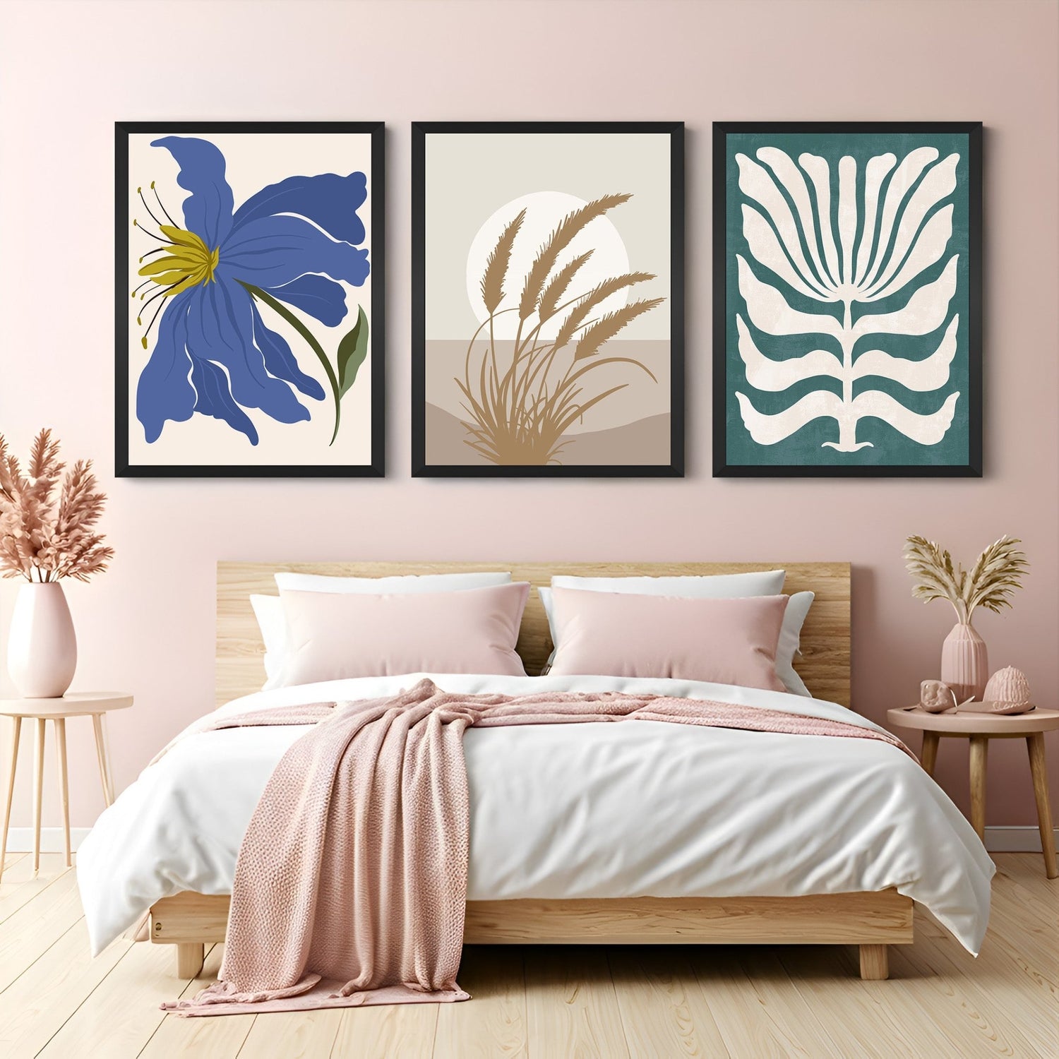 Boho wall art trio with blue flower, floral crop image, and botanical flower print – stylish canvas set for minimal nature-inspired homes