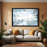 Minimal blue abstract painting with soft textures in black frame for modern interiors