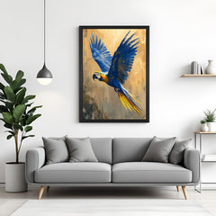 Blue flying parrot canvas in black floater frame, perfect for creative home and office walls with lively, bold energy