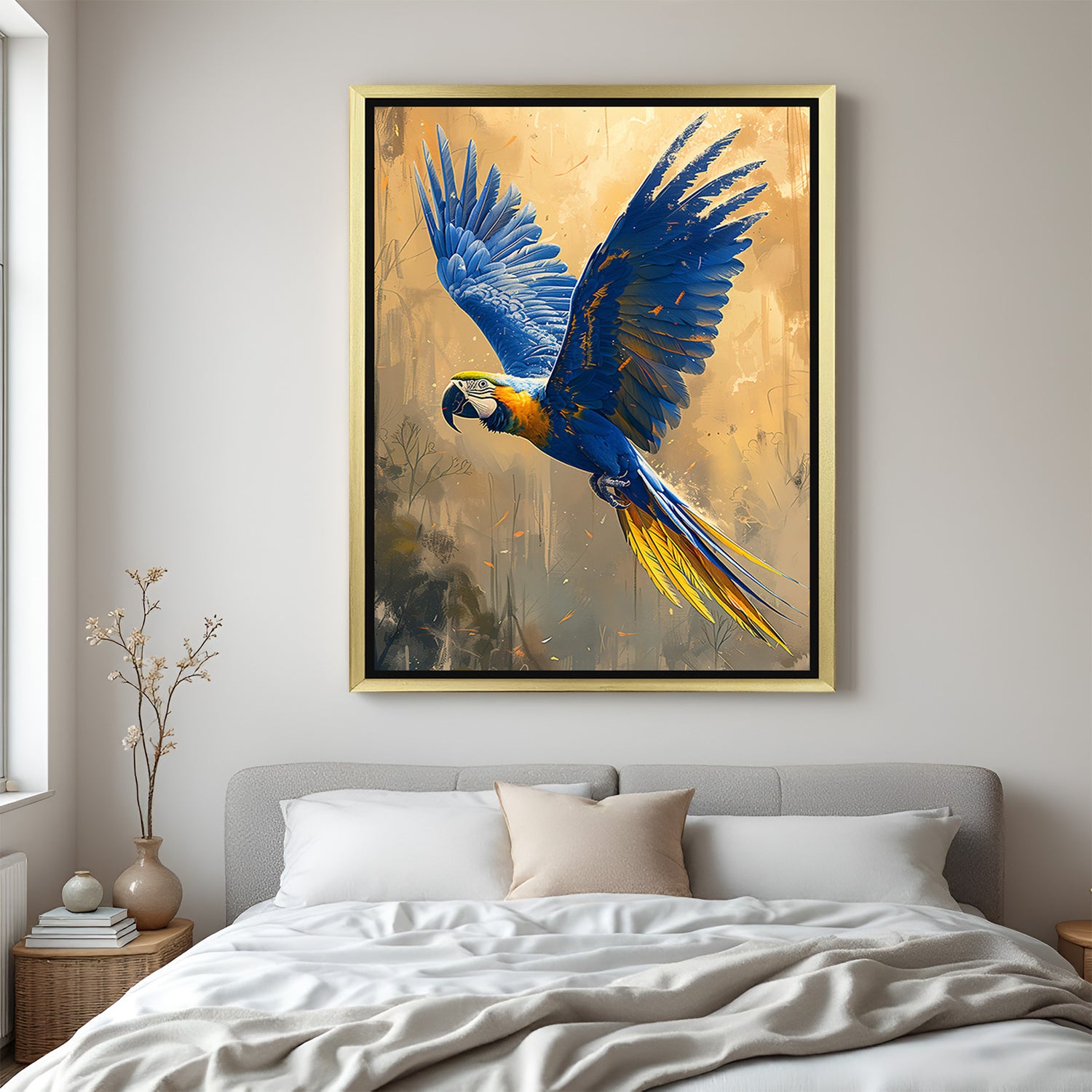Golden framed blue parrot wall art in flight, ideal for elegant and nature-inspired interiors that seek vibrance and movement