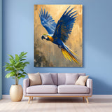 Blue parrot flying mid-air with wings spread wide, a vibrant and expressive bird canvas wall art for modern interior decor