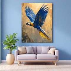 Blue parrot flying mid-air with wings spread wide, a vibrant and expressive bird canvas wall art for modern interior decor