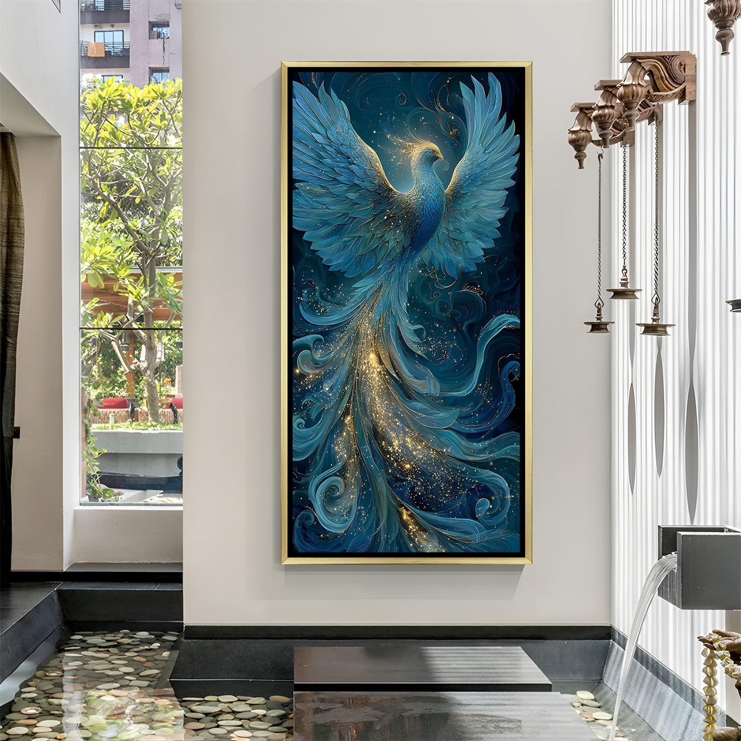 Elegant blue and gold phoenix wall art in gold frame featuring celestial swirling background.
