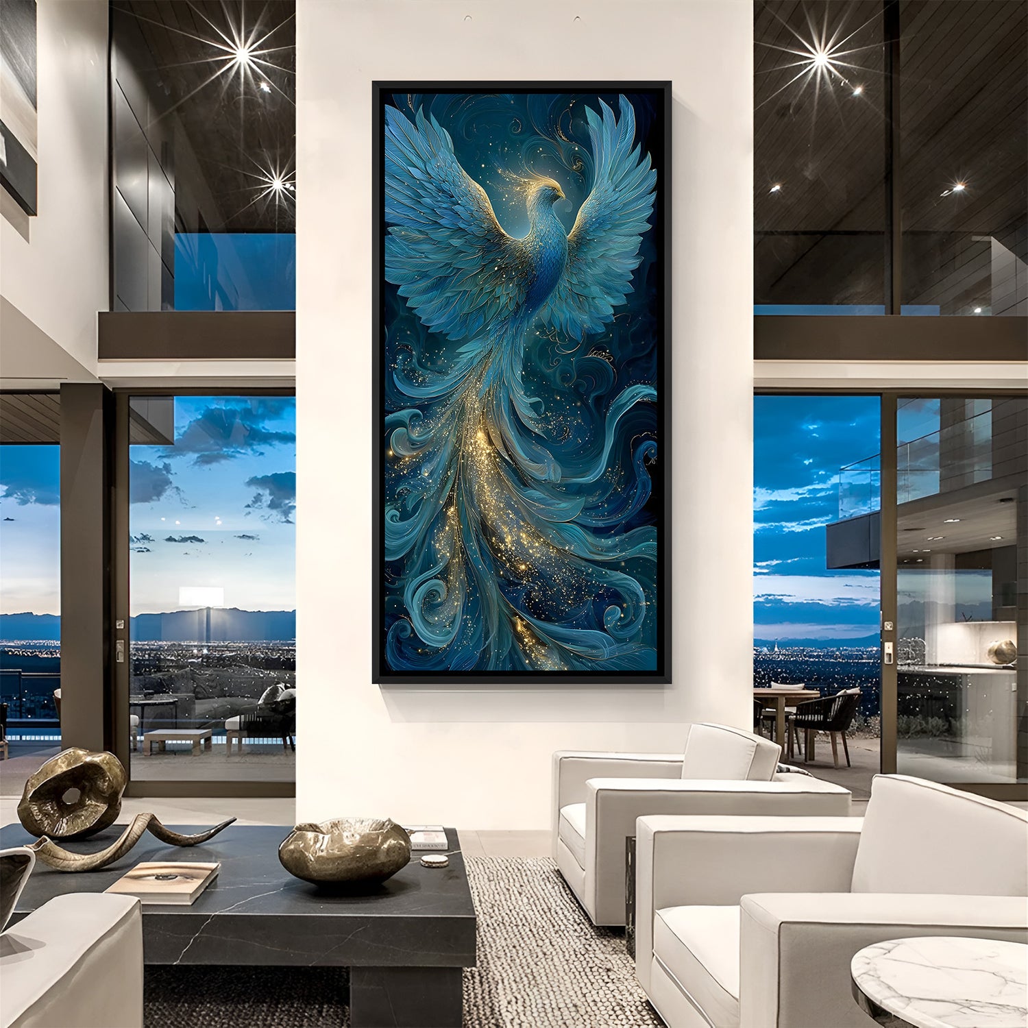 Luxury blue phoenix portrait artwork in black frame displayed in modern living space.