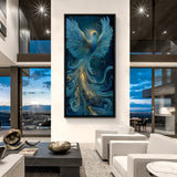 Luxury blue phoenix portrait artwork in black frame displayed in modern living space.