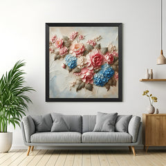 Framed canvas of blue and pink flower composition with black floater frame, perfect for elegant and stylish wall spaces