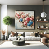 Canvas wall art featuring blue and pink flowers with soft green leaves, designed for calm and colorful modern interior decor