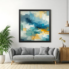 Geometric blue abstract canvas art with black frame – modern rectangles in blue shades for abstract wall decor