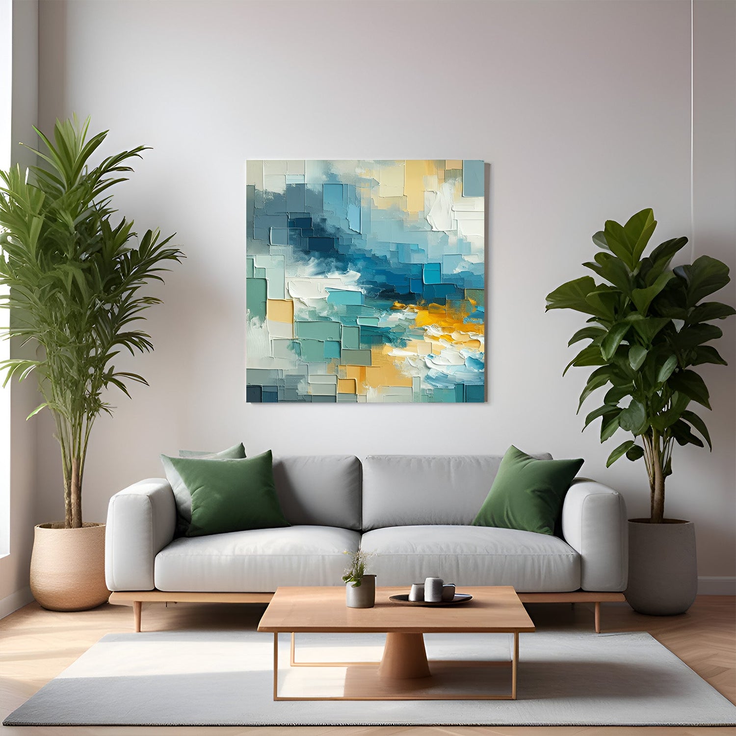 Blue rectangle abstract wall art – geometric canvas painting in blue tones for modern home wall decor and interior design