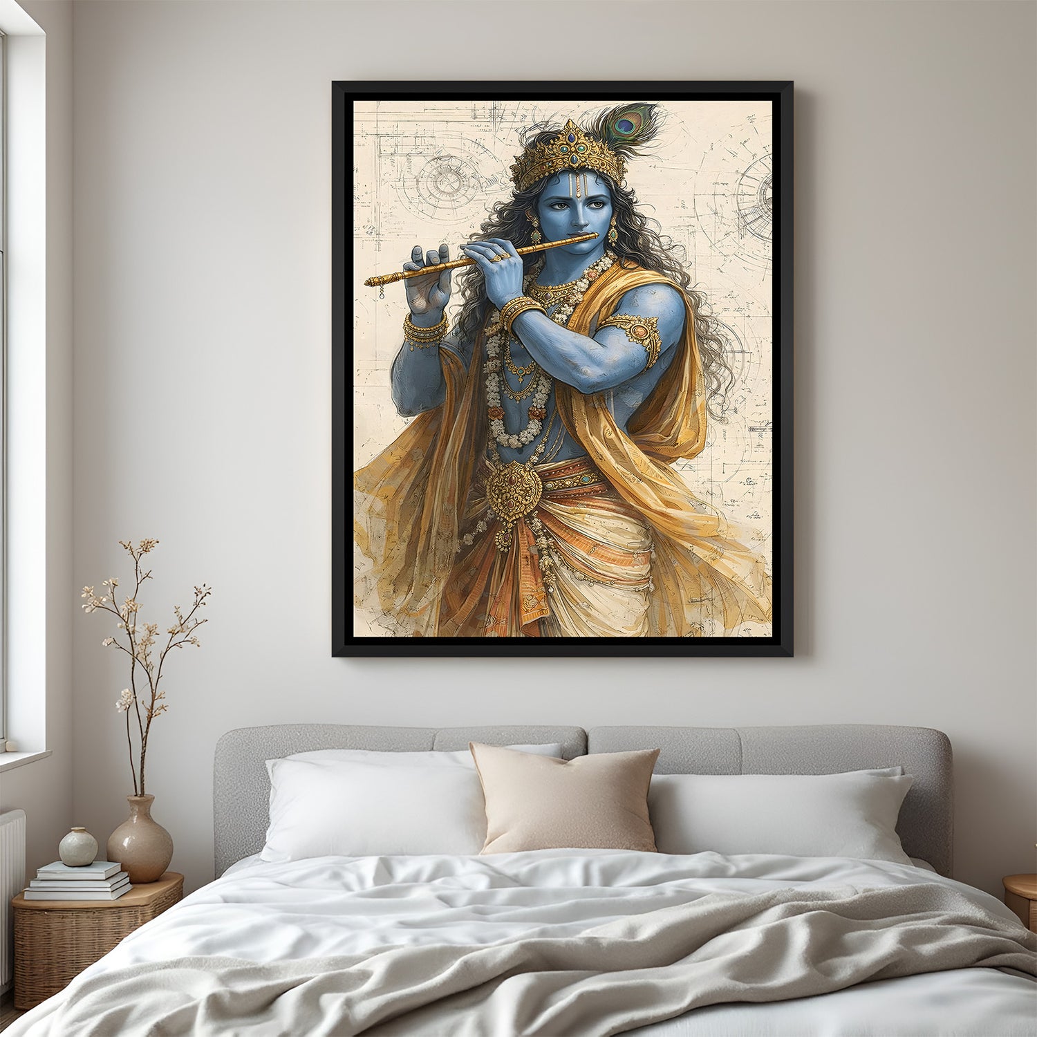 Krishna flute artwork with architectural sketch style background in elegant black floater frame
