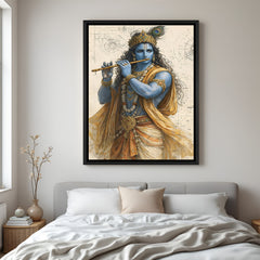 Krishna flute artwork with architectural sketch style background in elegant black floater frame