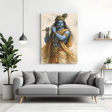 Lord Krishna playing flute canvas wall art with technical sketch background in premium canvas wrapped frame