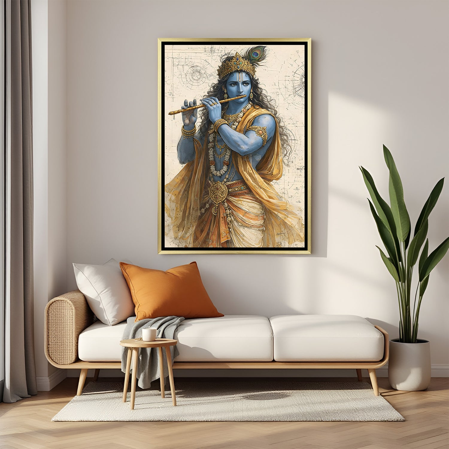 Lord Krishna sketch fusion canvas artwork in luxurious golden floater frame with contemporary spiritual design