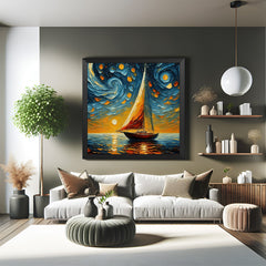 Black frame canvas art showing boat at night under abstract circular sky – elegant and moody wall decor for modern homes