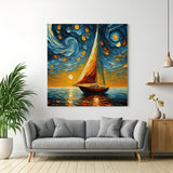 Abstract wall art of a boat at night with a circular sky – bold and expressive canvas print perfect for modern wall decor